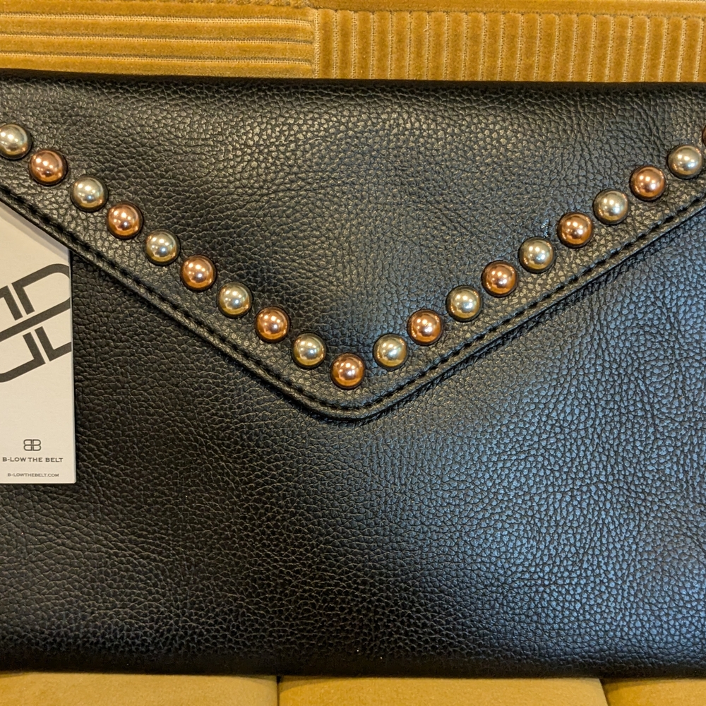 Black Studded Leather Clutch with Textured Finish
